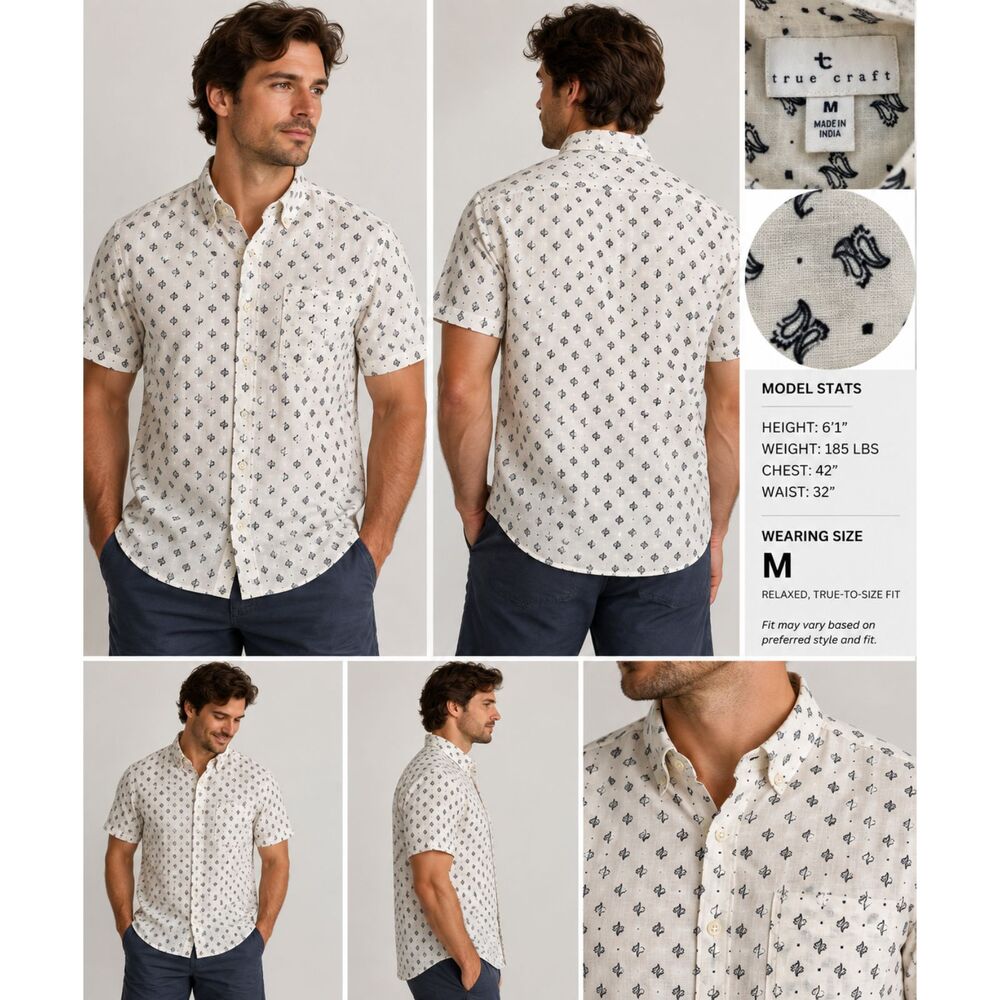 True Craft Men's M Short Sleeve Button Up Shirt Cream Black Paisley Print